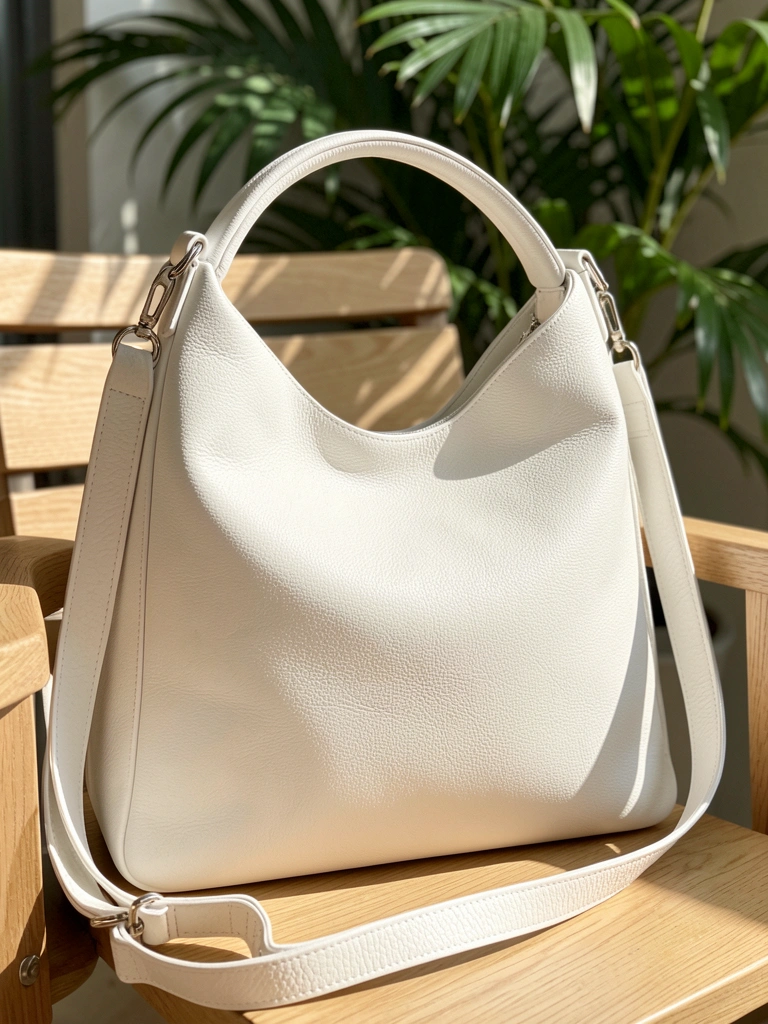 Bolsa de couro branco com alça de ombro destacável sobre cadeira de madeira clara, luz natural, planta verde desfocada ao fundo.