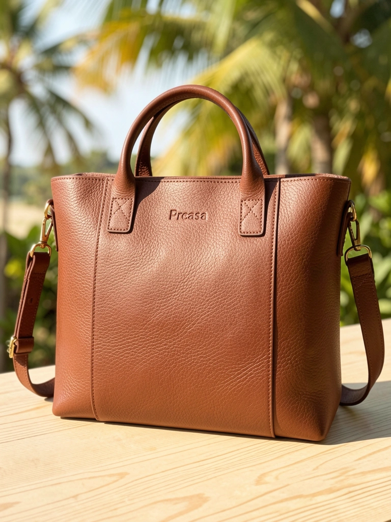Bolsa de couro marrom robusta sobre superfície de madeira clara, com alça superior e detalhes de costura, luz natural quente e sombras suaves.