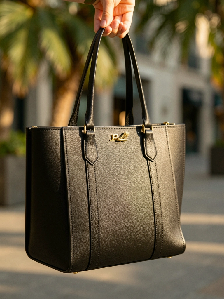 Bolsa preta Santa Lolla estruturada com alças de couro e ferragens douradas, segurada por uma mão sob luz natural que realça a textura.