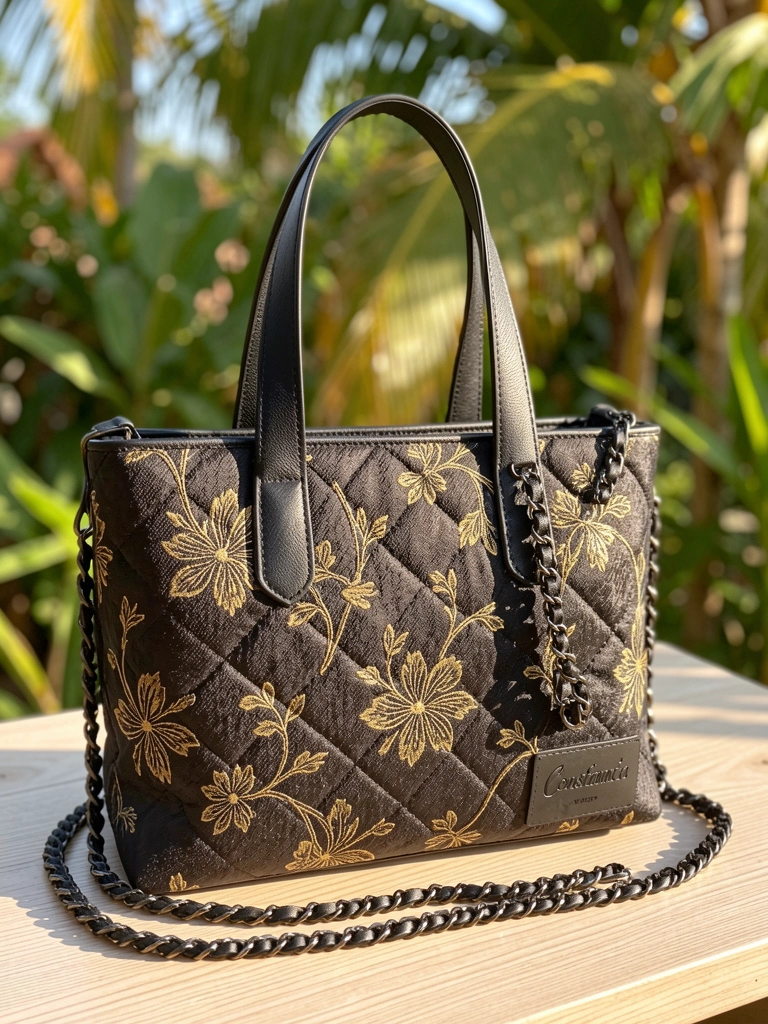 Bolsa Jacquard preta com exterior acolchoado, alça de couro e corrente destacável, sobre superfície de madeira clara com folhagem ao fundo.