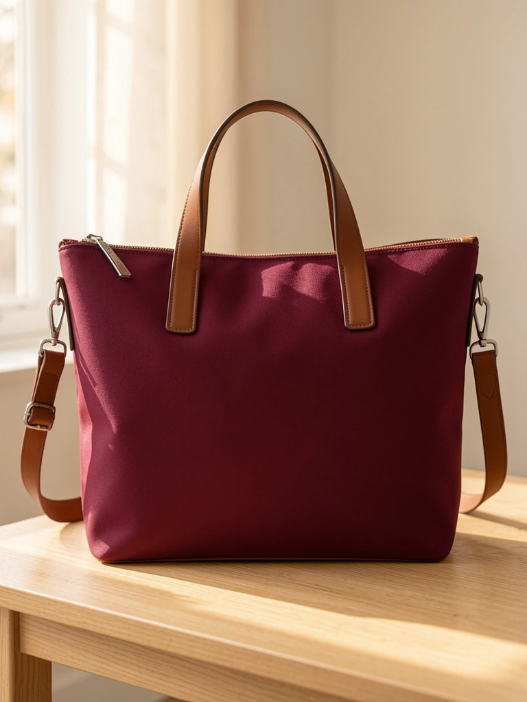 Bolsa tote Chenson vinho em tecido texturizado com alça de couro marrom e zíper prateado, sobre mesa de madeira clara sob luz natural difusa.
