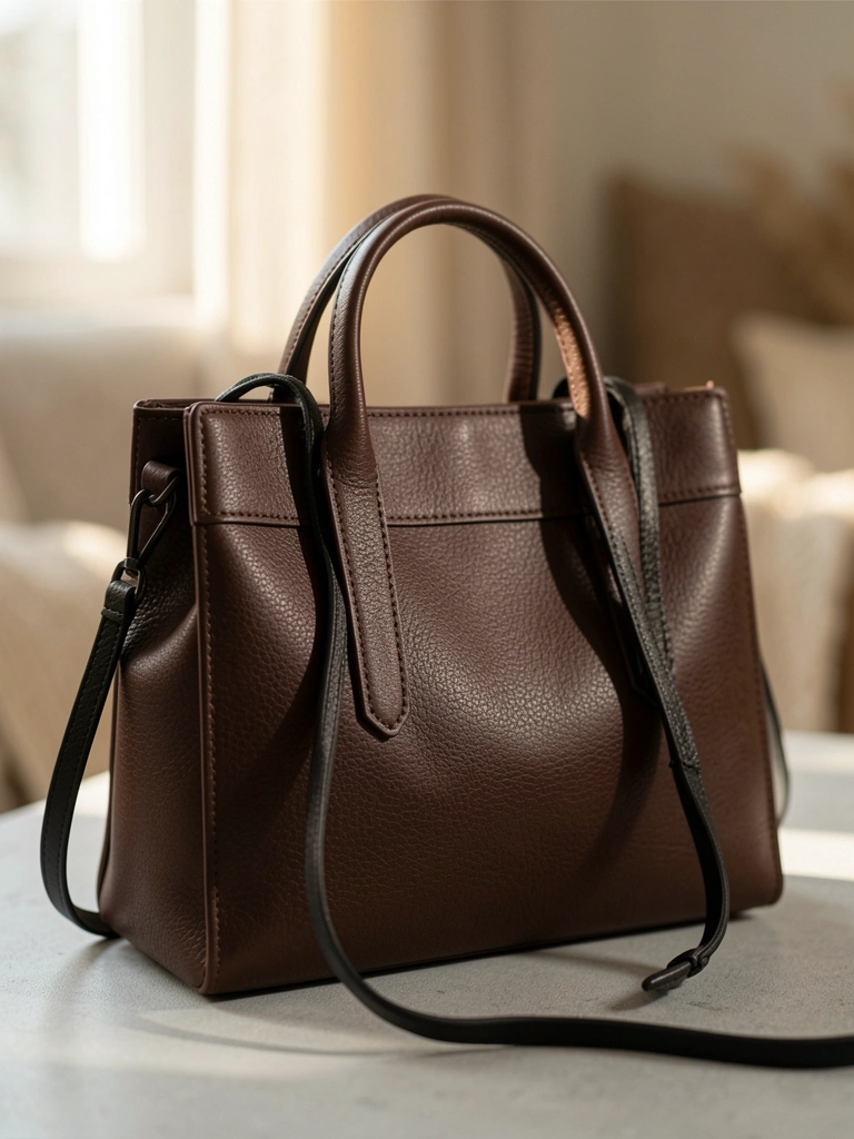 Bolsa tote de couro marrom escuro com alça superior, alça preta pendurada, sobre superfície cinza clara, luz natural quente com sombras suaves.