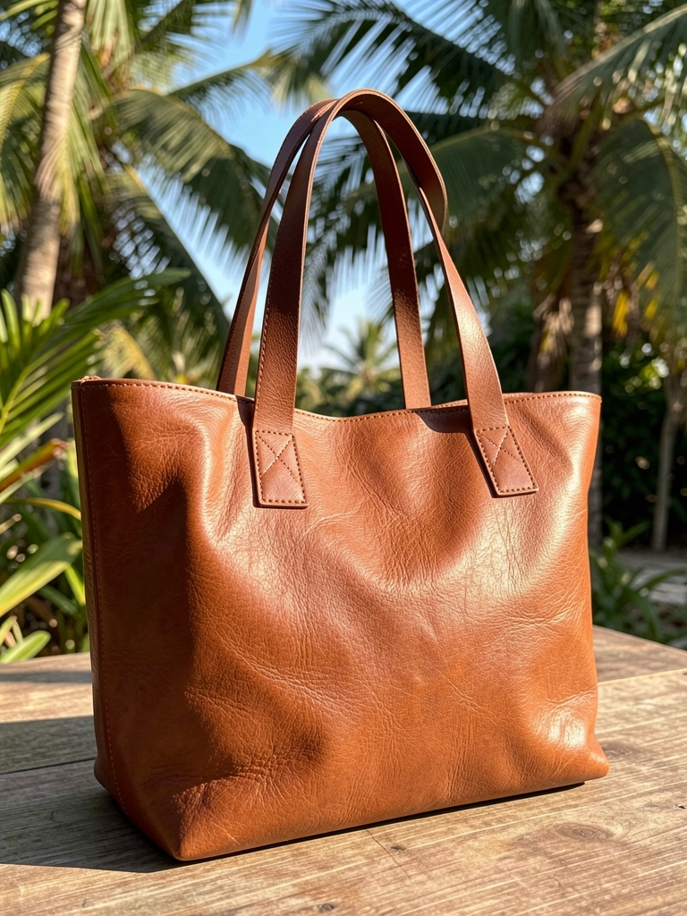 Bolsa de couro marrom texturizada com alças e costuras, luz natural tropical ao fundo.