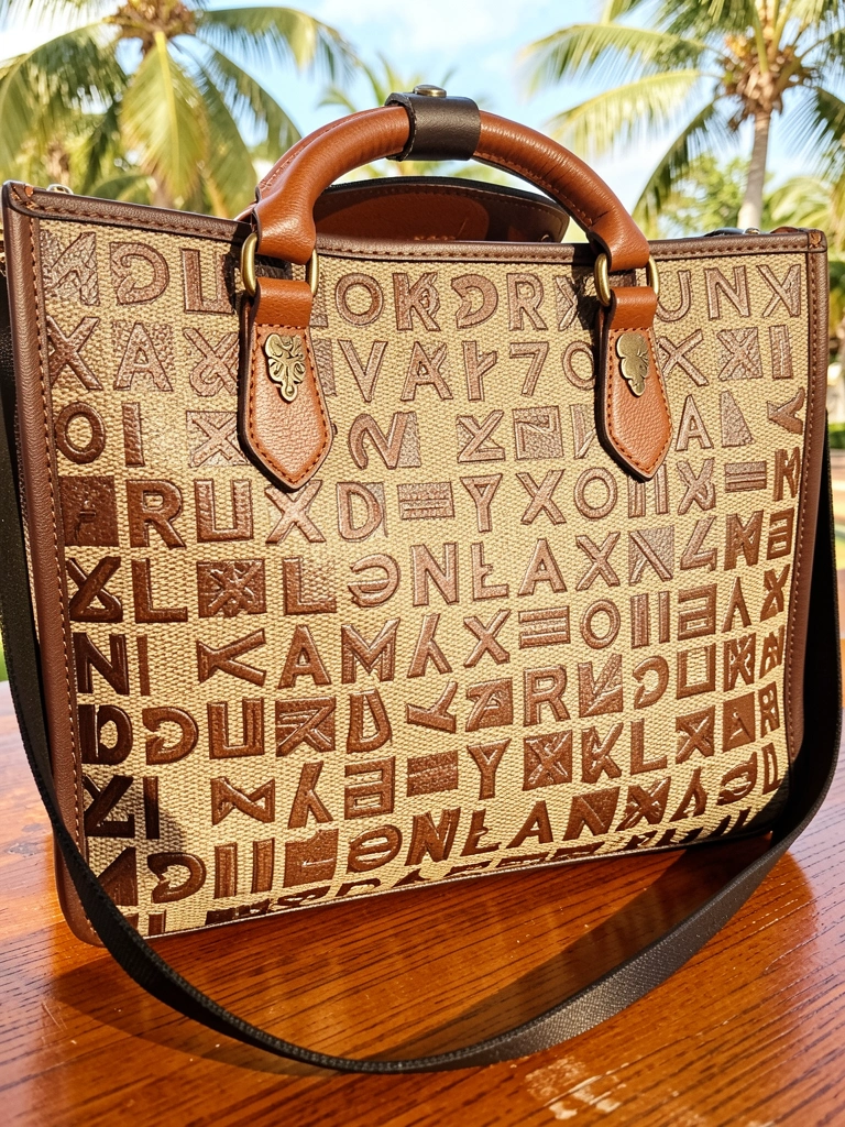 Bolsa tote de couro marrom e bege com padrão texturizado e letras em relevo, alça preta e fecho metálico, sobre superfície de madeira polida com luz natural.