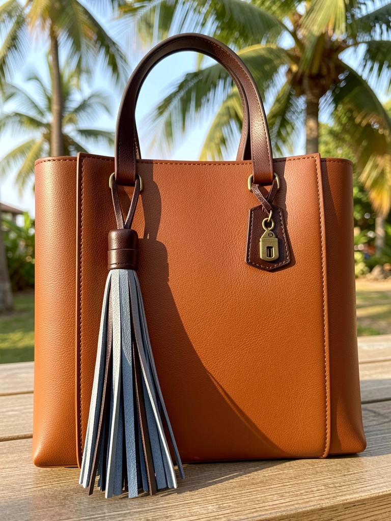 Bolsa tote de couro marrom com franja azul-acinzentada de três fios, luz natural tropical e fundo desfocado.
