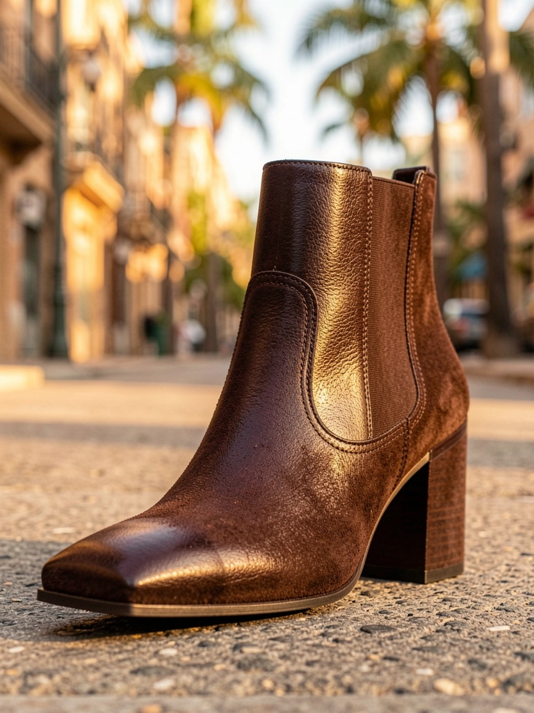 Bota de camurça marrom escura com bico quadrado e salto bloco, luz natural refletindo no couro, fundo desfocado com palmeiras.