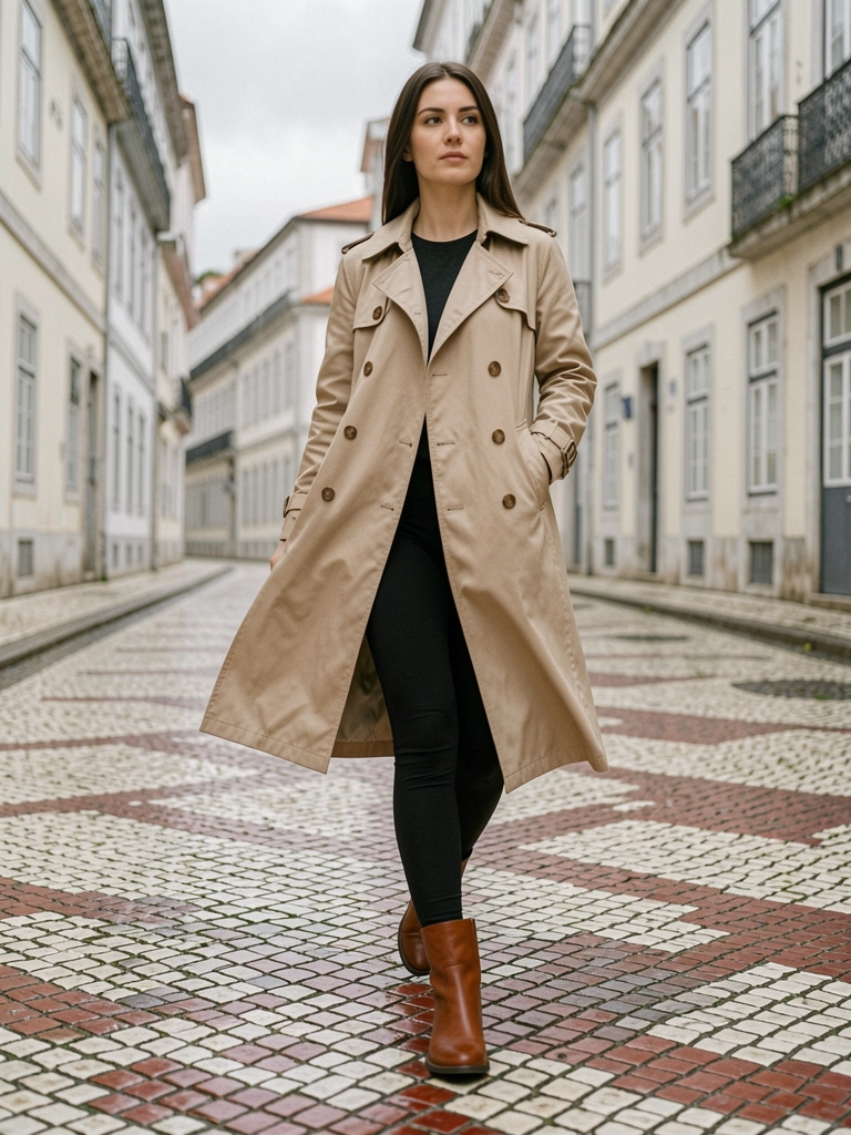 Mulher em trench coat bege e botas marrons caminha em calçada portuguesa de pedra com padrão vermelho e branco, prédios claros ao fundo sob céu cinza.