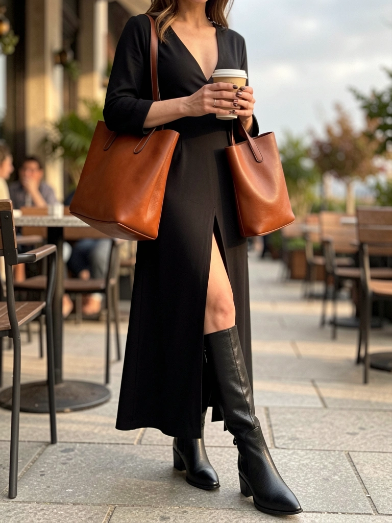Mulher com vestido preto longo de fenda e bota Chelsea de couro preta, segurando bolsa marrom e copo de café, em café ao ar livre com luz natural.