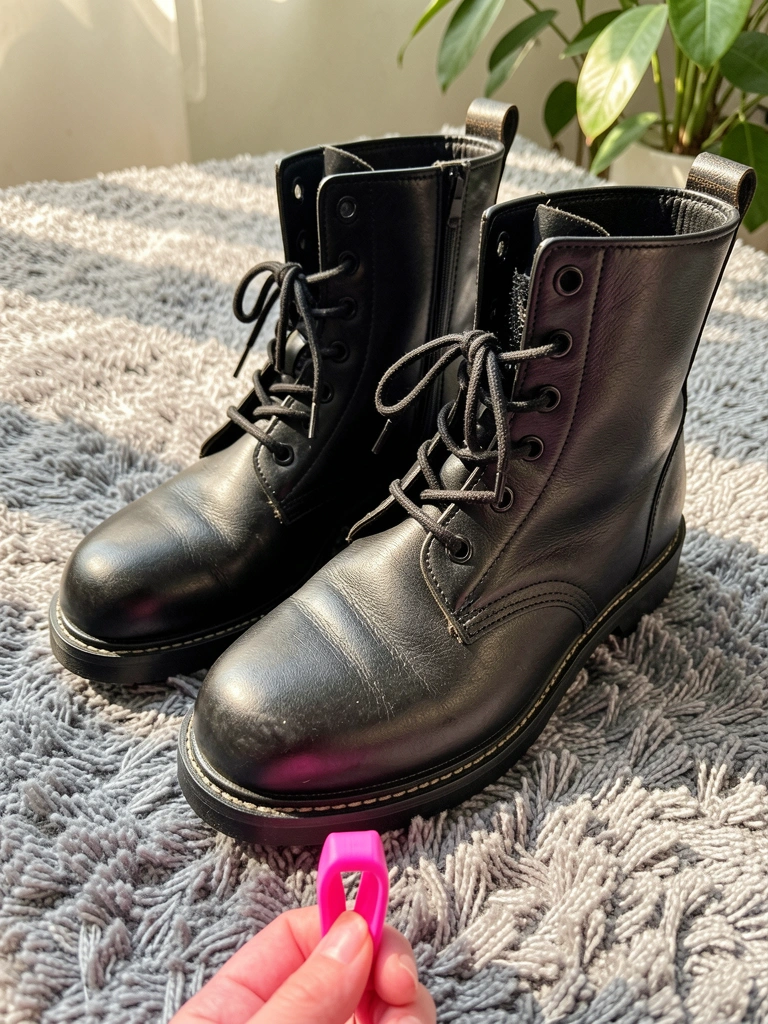 Botas de couro preto com cadarços e costuras detalhadas sobre carpete cinza texturizado, luz natural e fundo com folhagens.