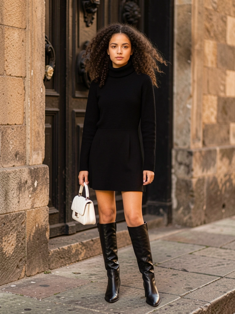 Mulher de cabelos cacheados e preto elegante, botas de couro e bolsa branca em calçada de pedra, porta ornamentada ao fundo.