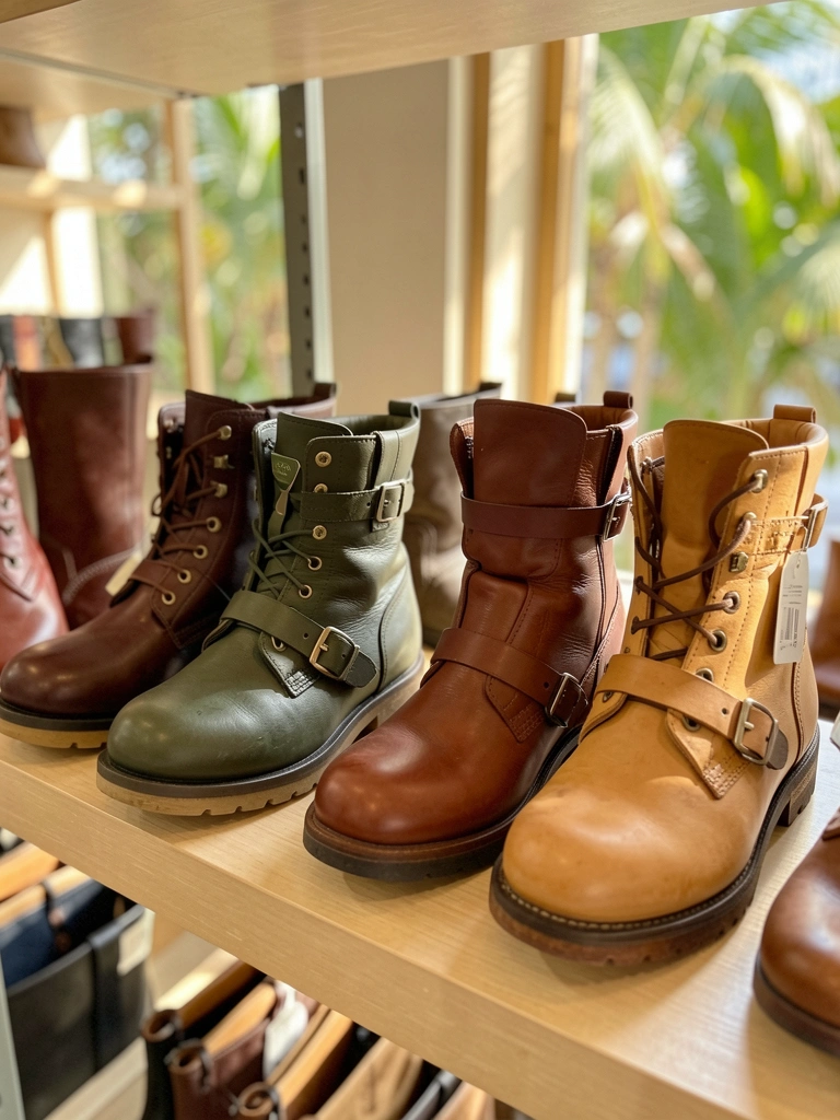 Três pares de botas de couro marrom em diferentes tons exibidos em prateleira, com fivelas e cadarços, luz natural destacando texturas.