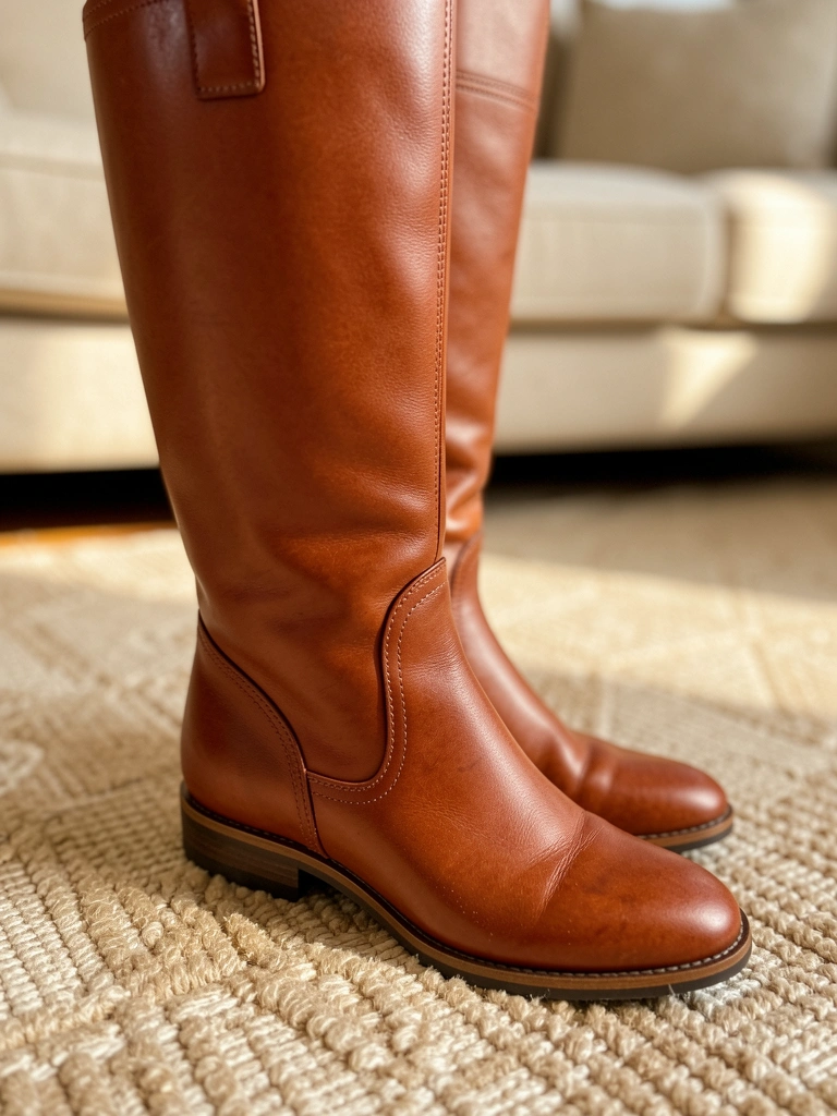 Bota marrom de couro liso sobre carpete bege texturizado, luz natural suave e sofá claro ao fundo.