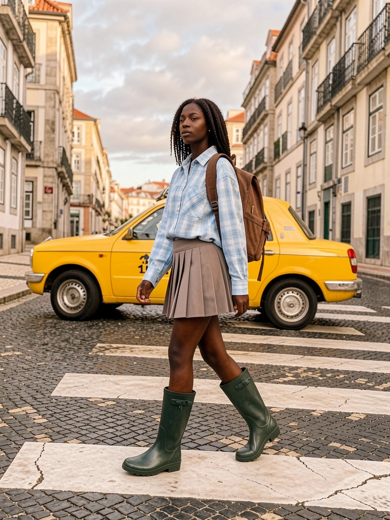 Jovem negra em camisa xadrez azul claro, saia plissada taupe e botas verdes escuras, atravessando faixa de pedestres em Lisboa, com táxi amarelo ao fundo.