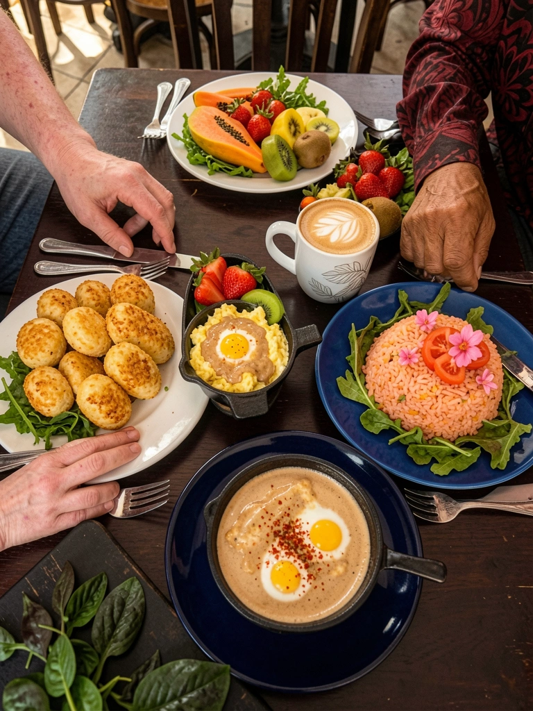 Mesa de madeira com pão de queijo, frutas tropicais e xícara de café.