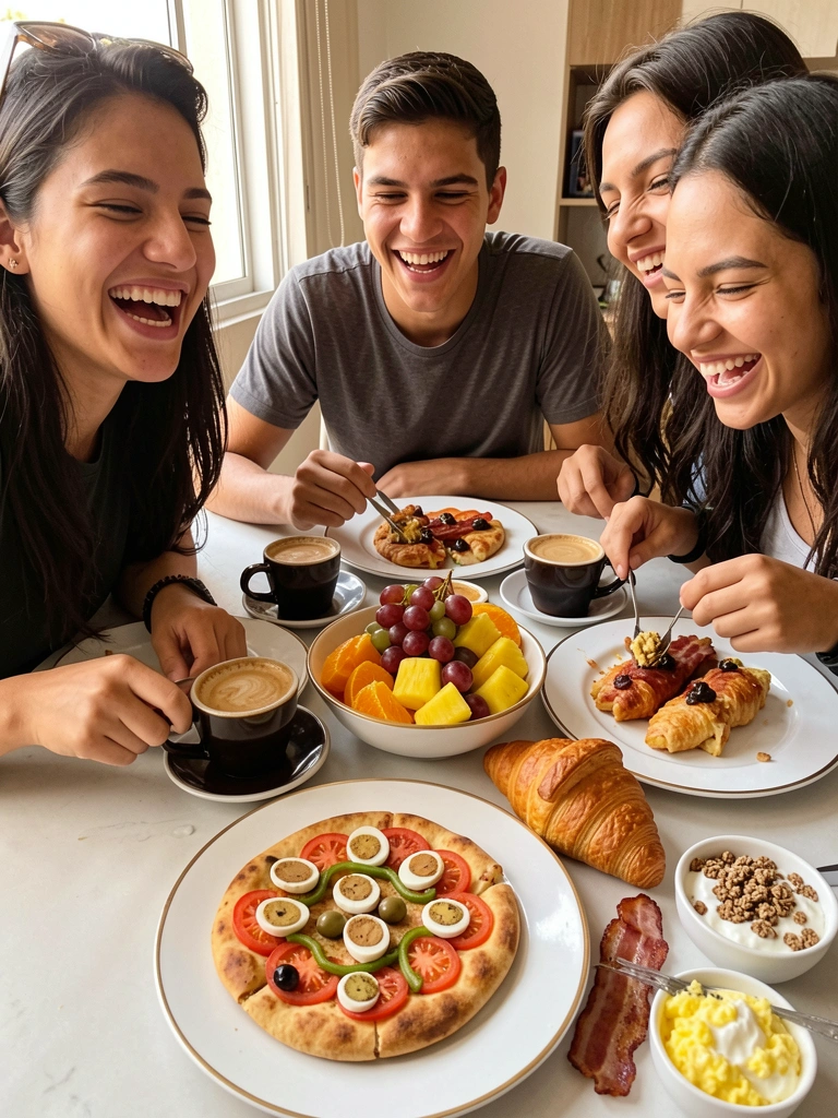 Grupo de amigos sorrindo ao redor de uma mesa com pratos de brunch, frutas e sucos.