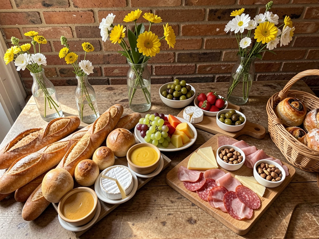Tábuas de madeira com pães artesanais, queijos, frutas e flores amarelas sobre mesa rústica, luz natural destacando texturas.