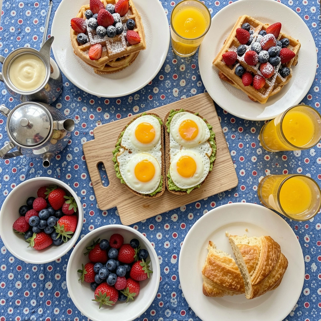 Mesa com bandejas de frios, pães variados, frutas e sucos dispostos para um brunch.