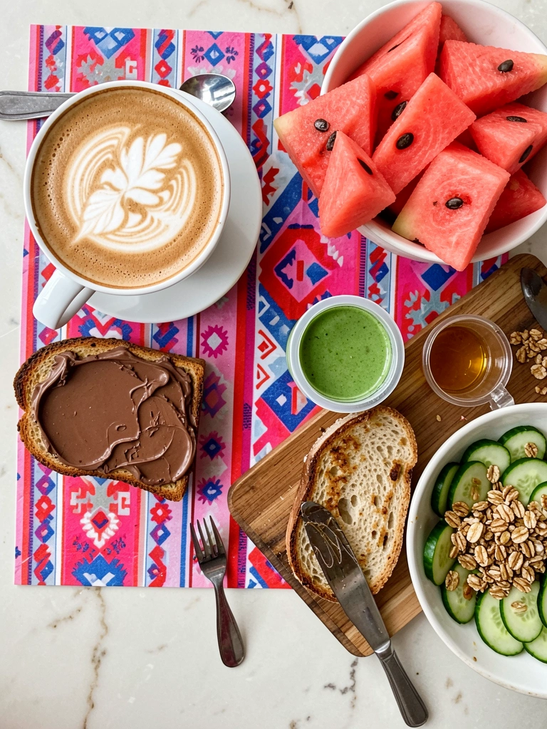 Mesa de mármore claro com toalha geométrica rosa, vermelha e azul; café com latte art ao lado de torrada com chocolate, tigela de melancia e smoothie verde; luz natural realça texturas.
