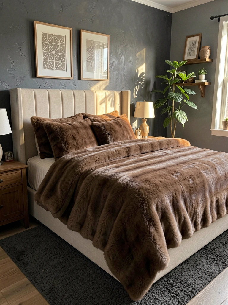 Cama com cabeceira bege estofada, edredom marrom felpudo e almofadas, tapete cinza escuro, parede texturizada e quadros geométricos.