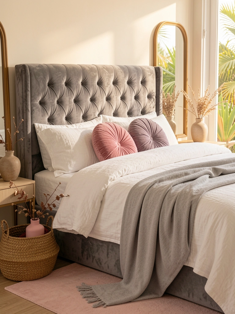 Cabeceira de veludo cinza com capitonê, roupa de cama branca e rosa, cesto com vaso e ramos secos, luz natural.