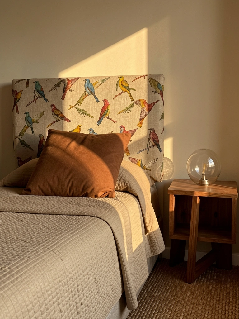 Cabeceira estofada bege com estampa de pássaros, edredom texturizado e travesseiro marrom, luz do sol criando feixes sobre a cama.