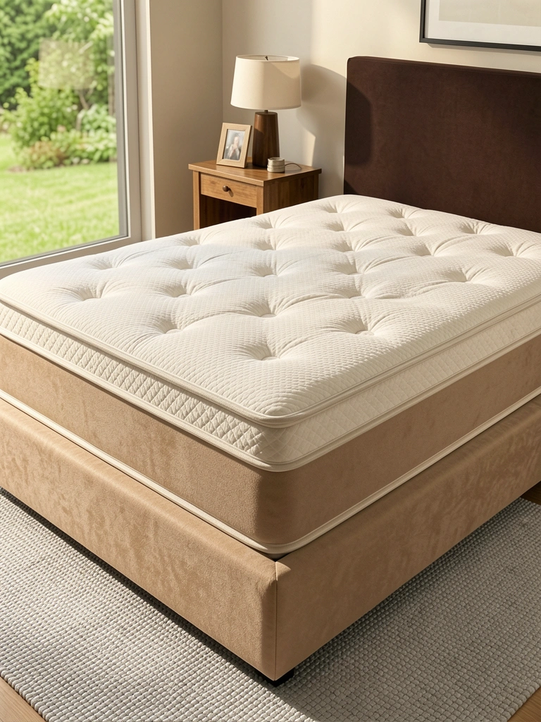 Colchão beige com capa acolchoada e botões, cama com cabeceira escura, mesa lateral com abajur e moldura, janela com vista verde.