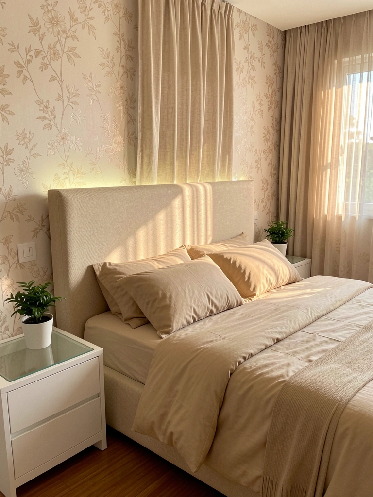 Cabeceira estofada bege com iluminação embutida, ao lado criado-mudo branco com tampo de vidro e vaso de planta, luz natural filtrada por cortina de voil.
