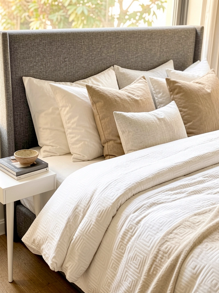 Cama queen-size com cabeceira cinza texturizada, roupa de cama branca e edredom geométrico, criado-mudo branco com livro e tigela decorativa, luz natural suave.