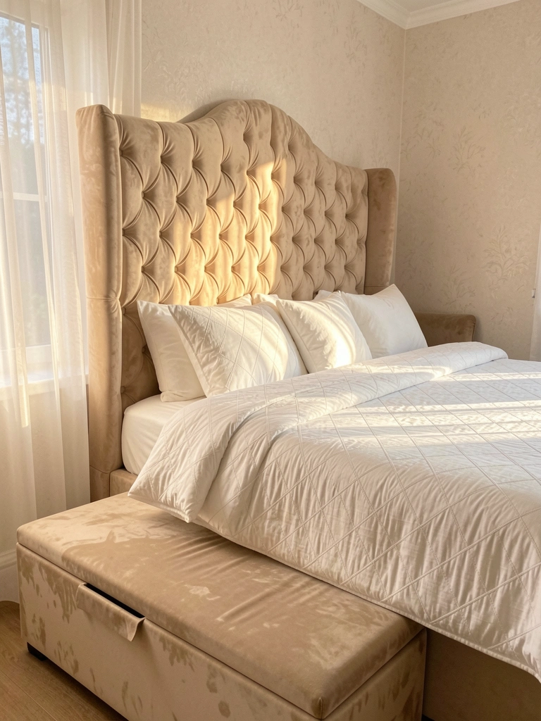 Cabeceira estofada em veludo bege com capitonê denso, cama com edredom branco acolchoado e banco otomano combinando, luz natural filtrada por cortina.