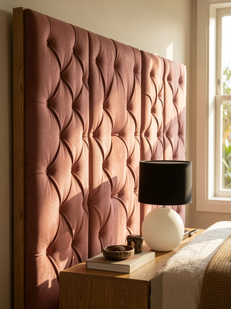 Cabeceira estofada em poeira rosa com capitonê losangular, mesa lateral com luminária esférica e livro, luz natural suave.