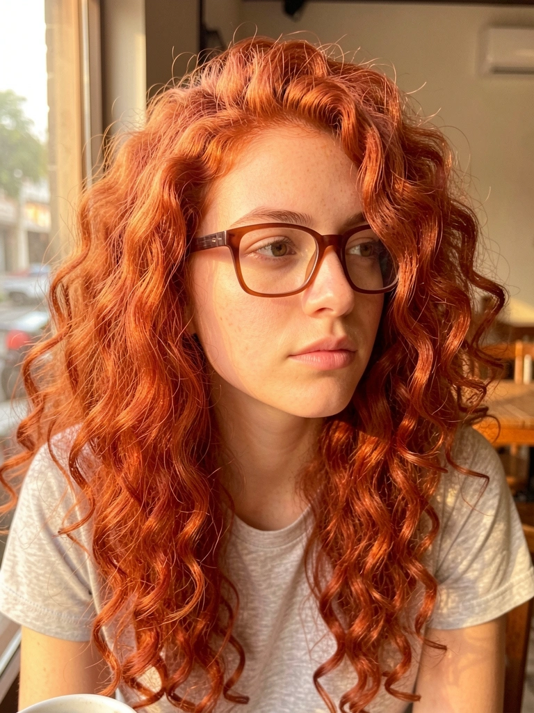 Jovem de cabelos ruivos cacheados e óculos retangulares marrons, olhar contemplativo, luz natural suave vinda de janela, fundo de cafeteria desfocado.