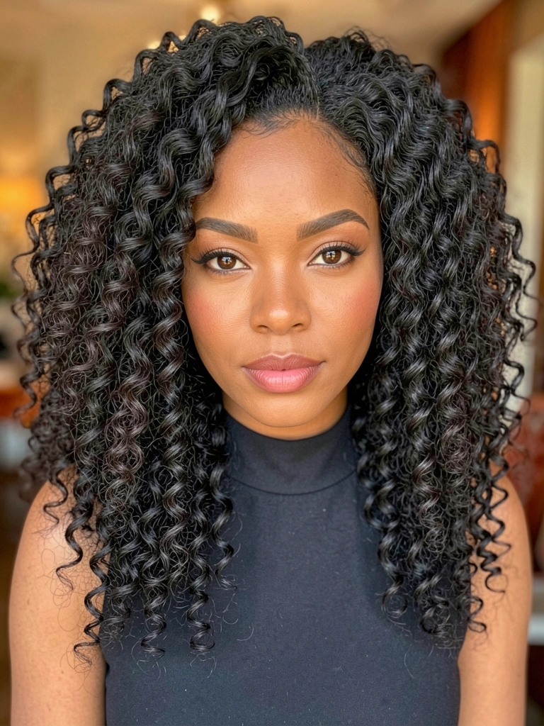 Mulher negra com cabelos crespos volumosos e cachos definidos, pele morena quente, olhos castanhos com delineado, lábios rosados, vestido escuro de gola alta, luz natural suave, fundo desfocado com tons quentes.