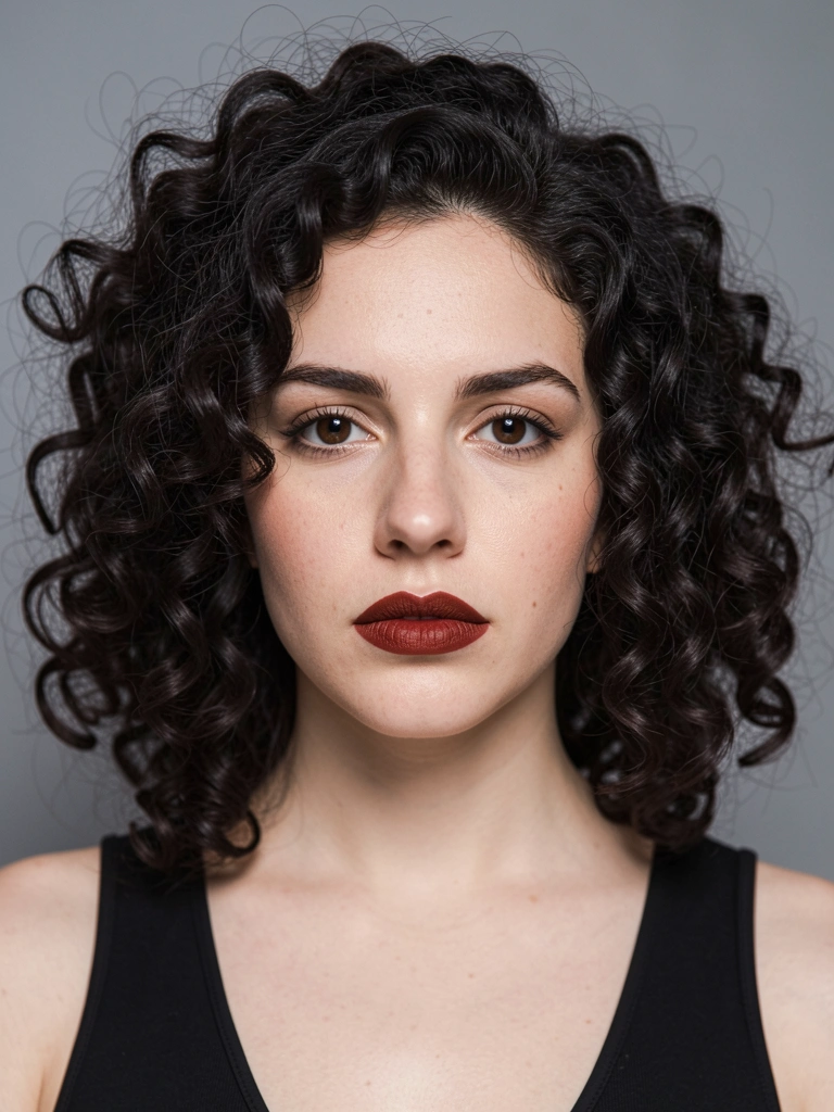 Mulher de cabelo cacheado escuro e batom avermelhado em fundo cinza.