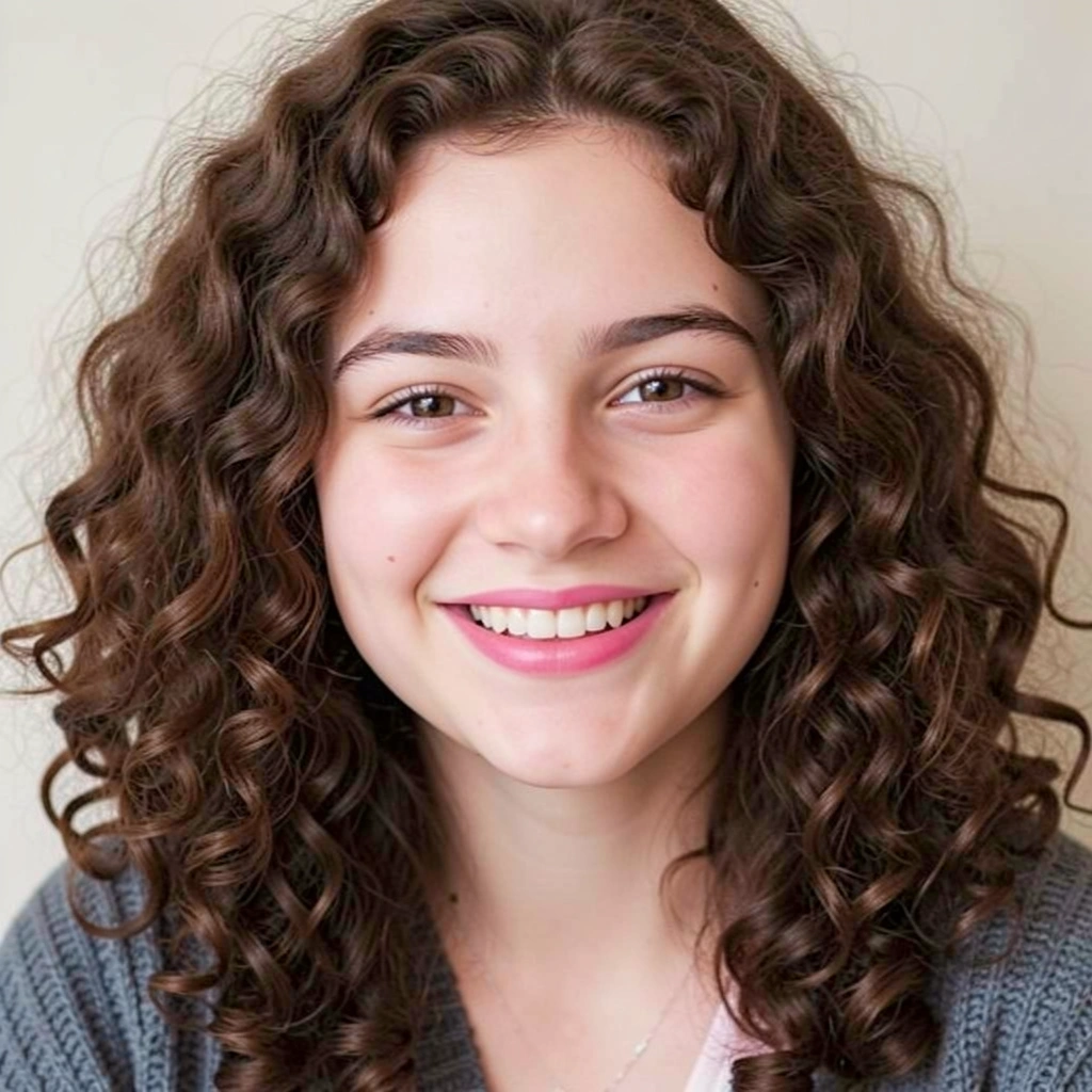 Jovem com cabelo cacheado castanho, sorriso suave e iluminação difusa.