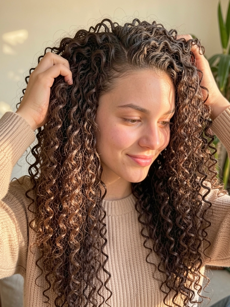 Mulher jovem com cabelo crespo e cacheado, toca os fios com as mãos, suéter bege, luz natural difusa e fundo desfocado.