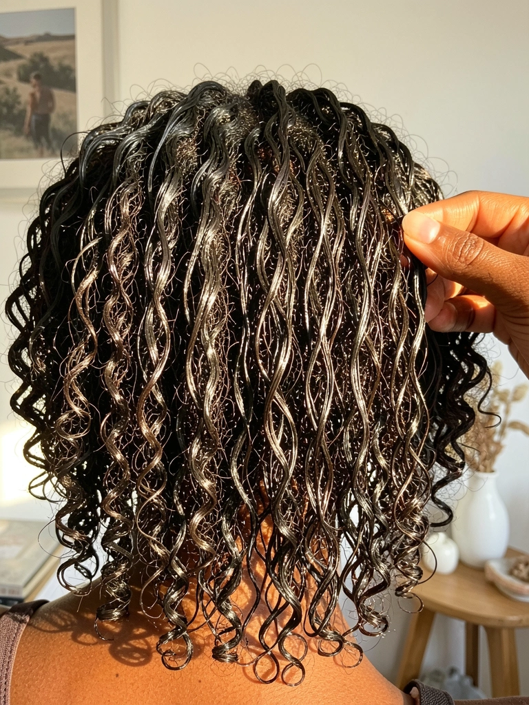 Cabelo afro molhado com cachos definidos refletindo luz natural, dedos femininos tocando os fios, parede branca com quadro e vaso ao fundo.