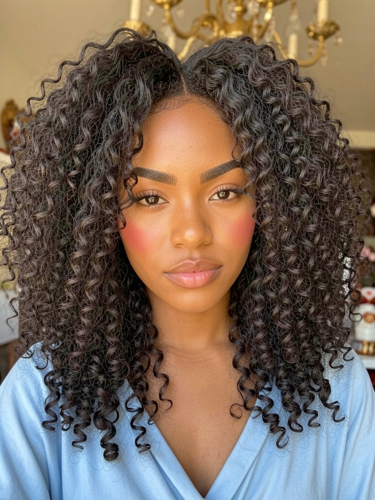 Jovem negra com cabelos crespos volumosos, blusa azul clara decotada, fundo desfocado com lustre dourado e luz natural.