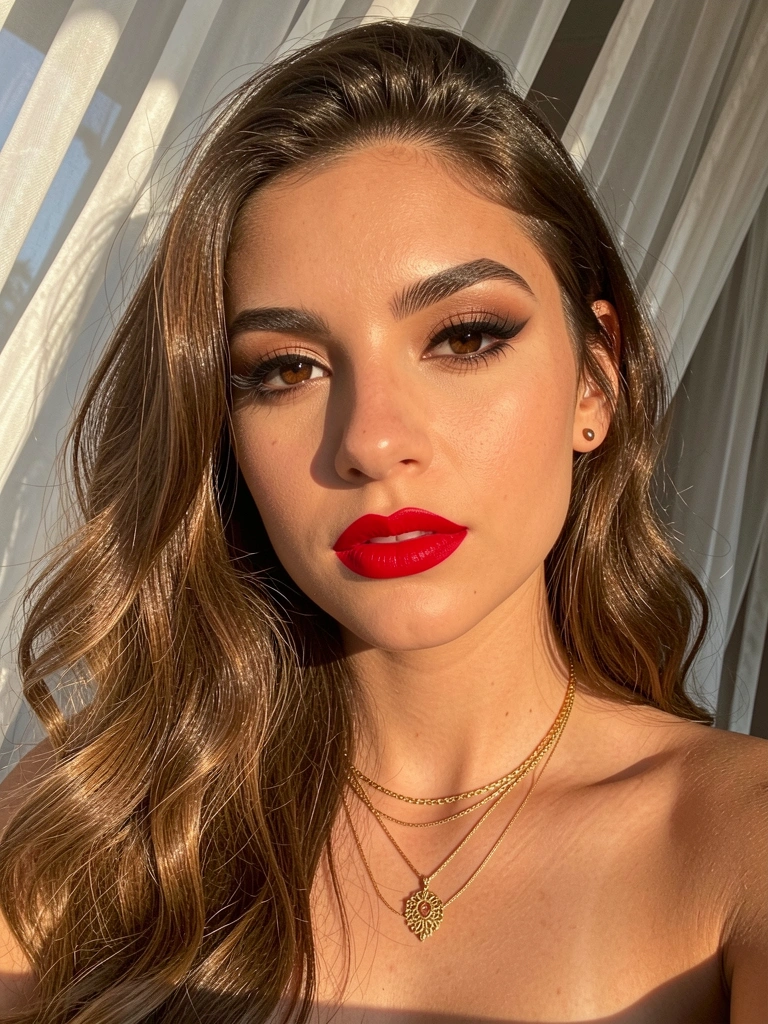 Jovem com cabelos ondulados e batom vermelho, colar de ouro em camadas, luz natural filtrada por cortinas brancas.