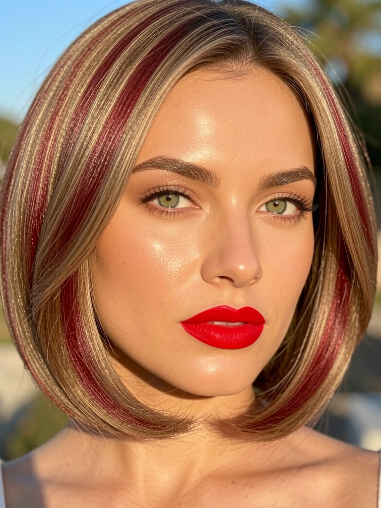 Mulher de cabelo castanho acaju com reflexos avermelhados, corte bob arredondado, pele radiante, olhos verdes, batom vermelho, luz natural e fundo ensolarado.