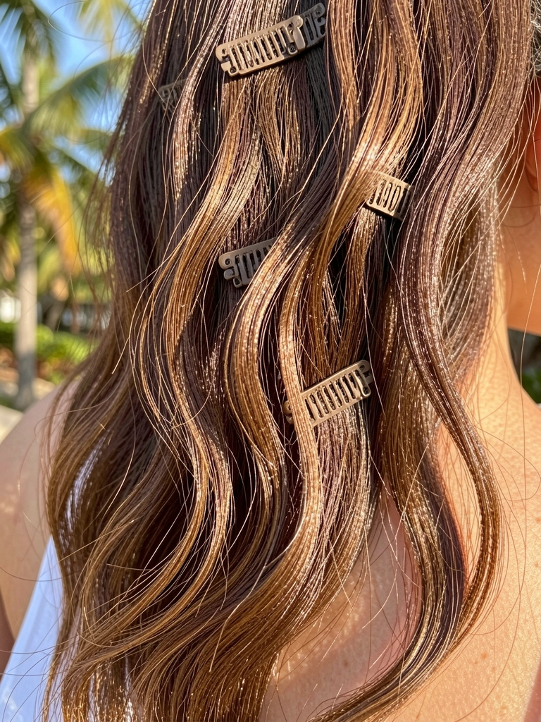 Extensões de cabelo castanho claro em camadas, com ondas sutis e clipes visíveis, sob luz natural quente e fundo com brisa.