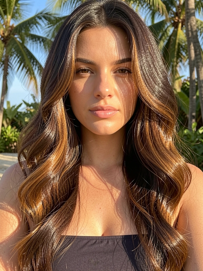Cabelo cacheado castanho escuro com mechas caramelo, luz natural, pele realista.