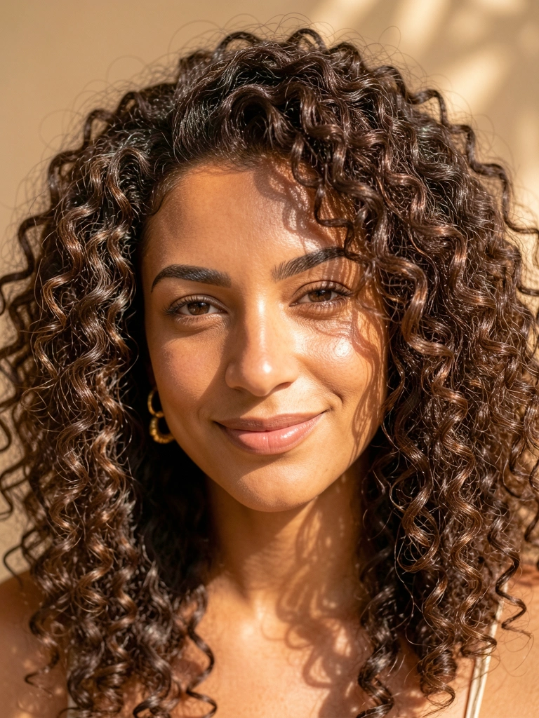 Mulher com cabelos crespos volumosos e brincos dourados, luz tropical suave e fundo bege desfocado.