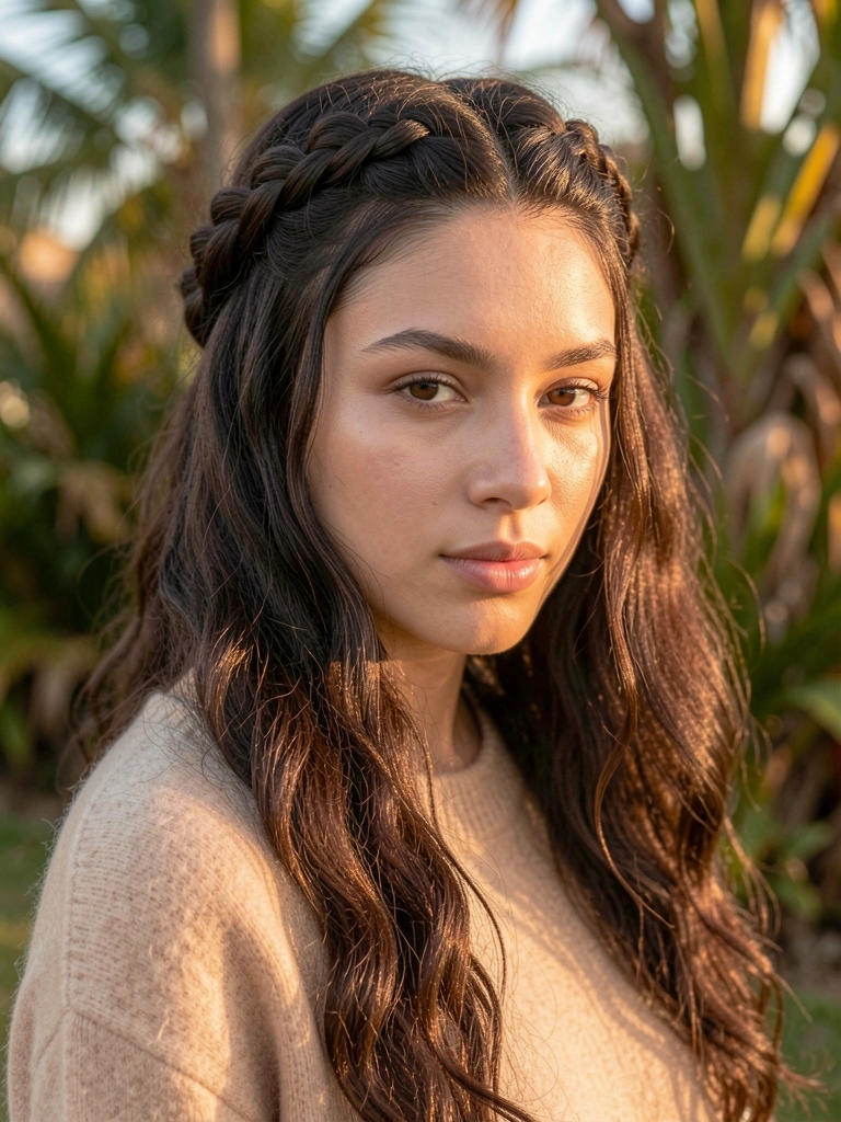 Jovem de cabelo castanho escuro ondulado em coroa trançada, suéter bege de cashmere, luz dourada e folhagem tropical desfocada ao fundo.