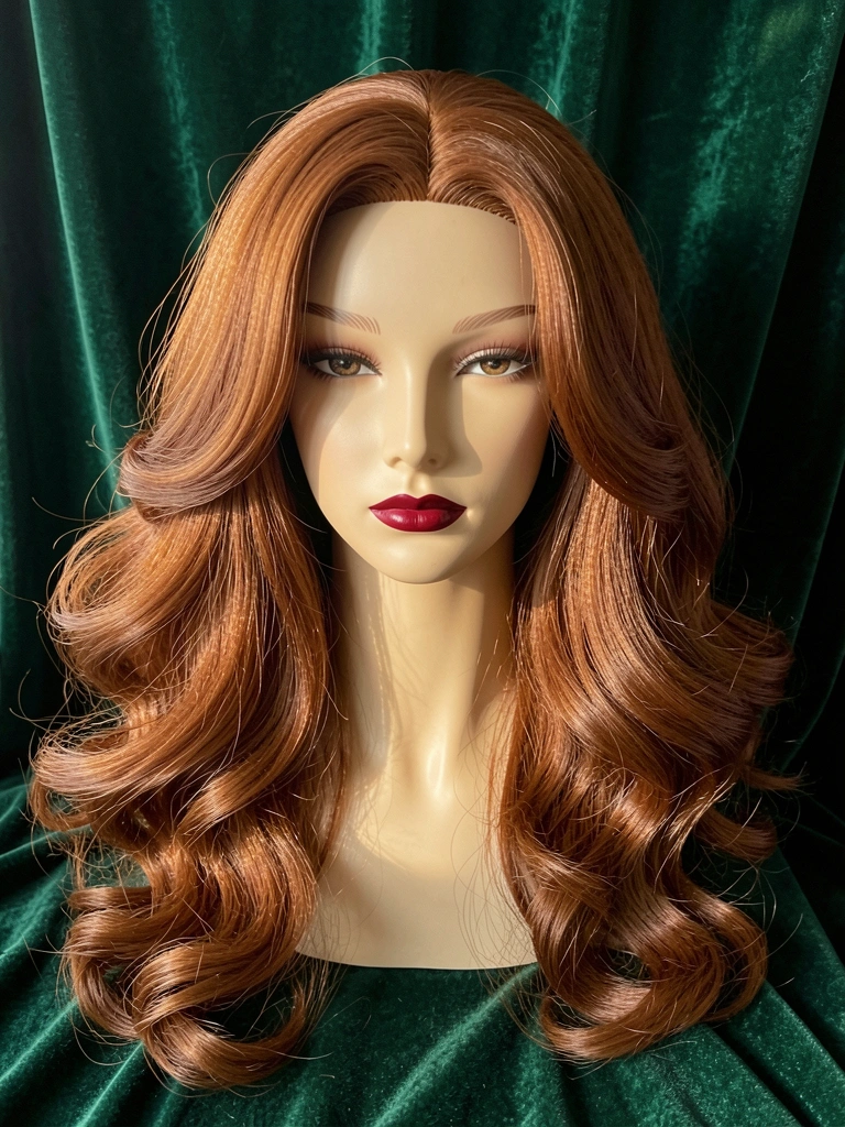 Cabeça de manequim realista com peruca ruiva longa e ondulada, batom vermelho, contra fundo de veludo verde escuro, iluminação suave de janela.