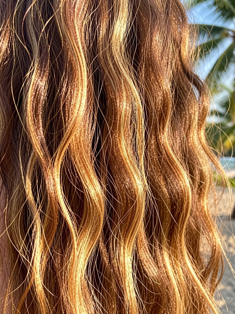 Cabelo castanho ondulado com mechas loiro-douradas, fios grossos e texturizados sob luz solar difusa, fundo tropical desfocado.