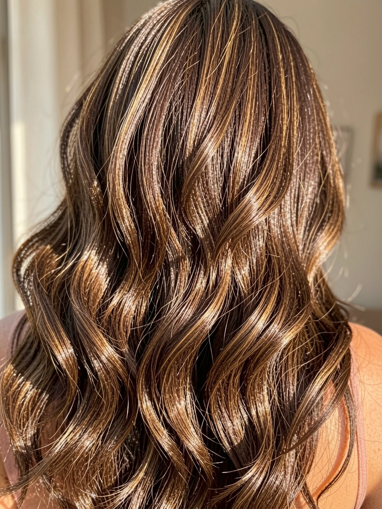 Cabelo castanho volumoso com camadas, ondas suaves e luz natural destacando os fios, fundo neutro e desfocado.
