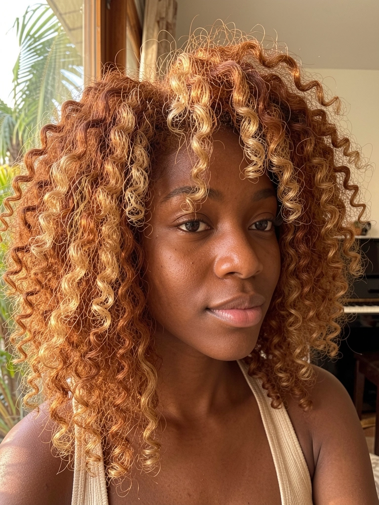 Jovem negra com cabelo cacheado ruivo, luz natural filtrada, piano ao fundo desfocado.