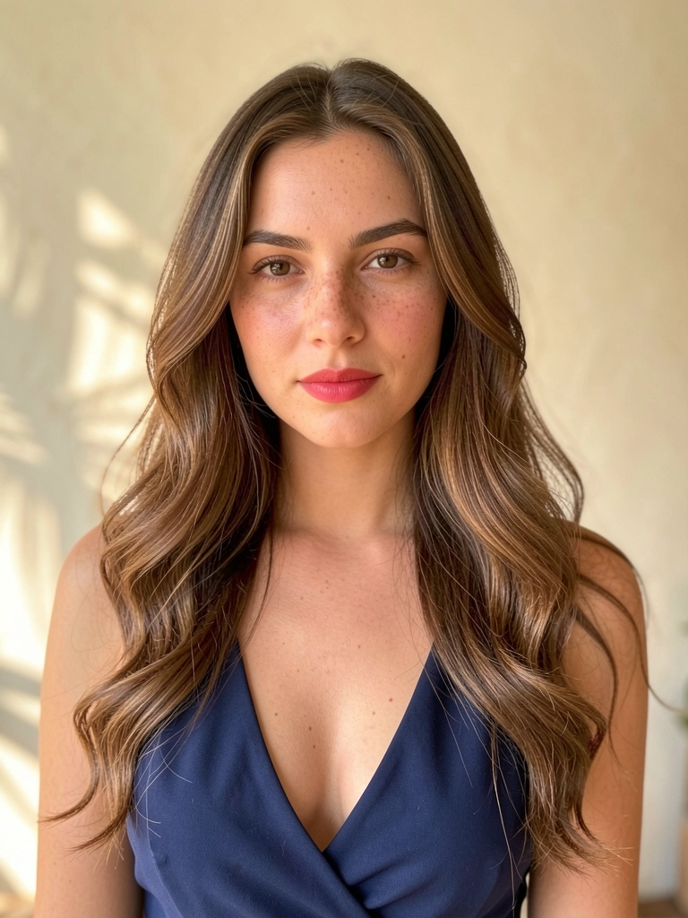 Mulher de cabelos castanhos ondulados em vestido azul escuro decote V, luz natural destaca sardas e textura da pele, parede clara desfocada ao fundo.