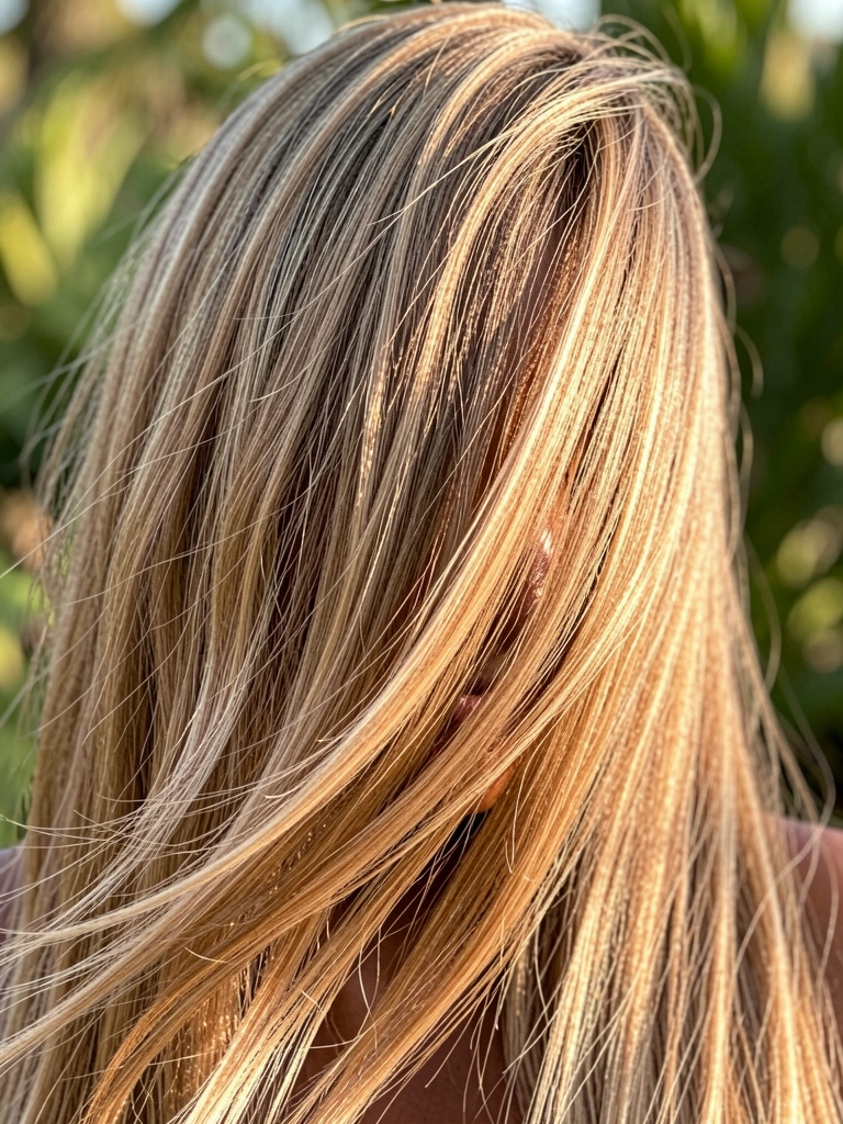 Close-up de cabelo castanho claro e ondulado com textura e brilho, ao ar livre com fundo verde desfocado e luz natural suave.