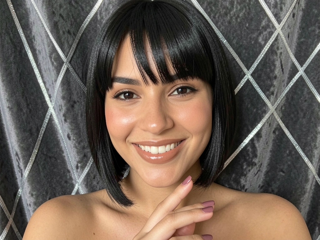 Mulher de cabelo preto e franja reta, sorrindo contra fundo cinza escuro com linhas prateadas, luz suave e maquiagem natural.